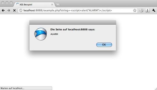 GET-Parameterübergabe des Strings ‚<script>alert(„Alarm“)</script>‘. Es öffnet sich nun ein Popup mit der Meldung „Alarm“. Dies beweist die Existenz der XSS-Schwachstelle. GET-Parameterübergabe des Strings ‚<script>alert(„Alarm“)</script>‘. Es öffnet sich nun ein Popup mit der Meldung „Alarm“. Dies beweist die Existenz der XSS-Schwachstelle.