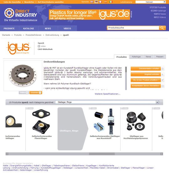 Mehr und größere Bilder, schneller Zugriff: Die neue Webseite von Direct Industry, hier am Beispiel von Igus (Bild: Direct Industry) Mehr und größere Bilder, schneller Zugriff: Die neue Webseite von Direct Industry, hier am Beispiel von Igus (Bild: Direct Industry)