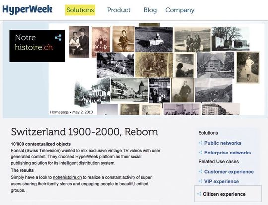 La TSR/RSR a choisi la plate-forme collaborative d'Hyperweek pour son site web dédié à l'histoire suisse, à consulter sur www.notrehistoire.ch La TSR/RSR a choisi la plate-forme collaborative d'Hyperweek pour son site web dédié à l'histoire suisse, à consulter sur www.notrehistoire.ch