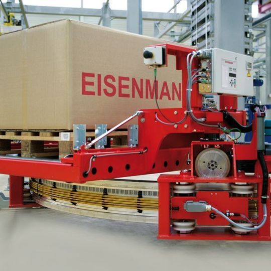 Eine neue Einschienen-Bodenbahn von Eisenmann erleichtert den bodenbasierten Palettentransport. Bild: Eisenmann Eine neue Einschienen-Bodenbahn von Eisenmann erleichtert den bodenbasierten Palettentransport. Bild: Eisenmann