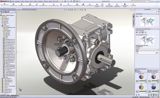 Die Informationsanzeige zur Umweltverträglichkeit (rechts unten) zeigt vier Faktoren der Umweltbeeinflussung des aktuellen Modells an: CO2-Bilanz, Energieverbrauch sowie die Auswirkungen auf Luft und Wasser. (Bilder: SolidWorks)
