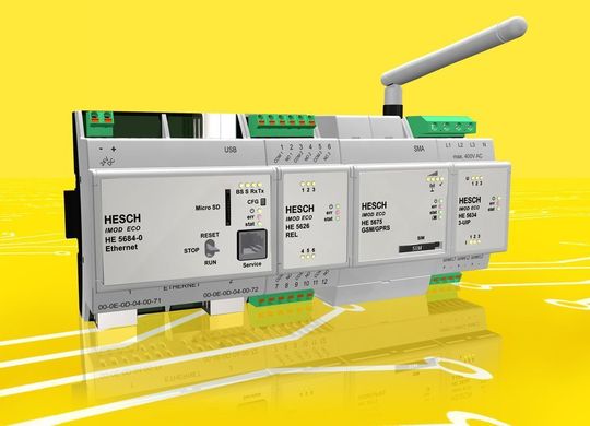 Das GSM/GPRS-Modem HE 5675 ermöglicht im Verbund mit der IMOD ECO Base-Unit HE 5680 oder dem Ethernet-Feldbus-Controller HE 5684 im Falle einer Betriebsstörung das Versenden einer Störmeldung via SMS Das GSM/GPRS-Modem HE 5675 ermöglicht im Verbund mit der IMOD ECO Base-Unit HE 5680 oder dem Ethernet-Feldbus-Controller HE 5684 im Falle einer Betriebsstörung das Versenden einer Störmeldung via SMS
