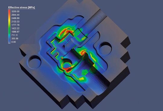 Simulation der Werkzeugbelastung eines Schmiedegesenks. Die Simulation hilft, Zeit und Geld gleichermaßen zu sparen. (Bild: Simufact) Simulation der Werkzeugbelastung eines Schmiedegesenks. Die Simulation hilft, Zeit und Geld gleichermaßen zu sparen. (Bild: Simufact)