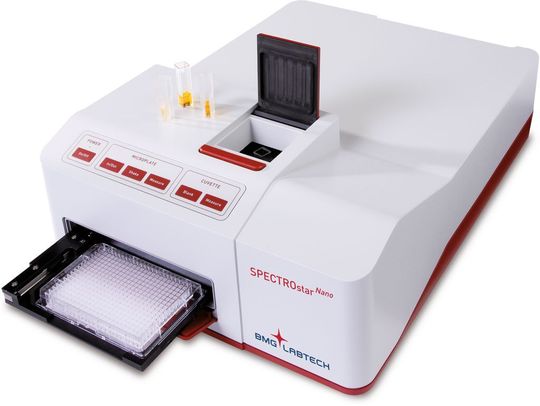 Der Spectrostar Nano kann UV-Vis-Spektren in weniger als einer Sekunde pro Well aufnehmen. (Bild: BMG) Der Spectrostar Nano kann UV-Vis-Spektren in weniger als einer Sekunde pro Well aufnehmen. (Bild: BMG)