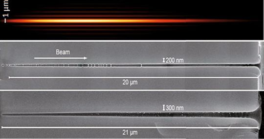 Nano-canaux percés à travers une membrane de verre avec une seule impulsion laser. (Image: Femto) Nano-canaux percés à travers une membrane de verre avec une seule impulsion laser. (Image: Femto)