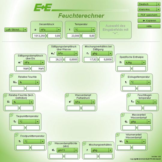 Eingabemaske des Feuchterechners (Bild: E+E Elektronik) Eingabemaske des Feuchterechners (Bild: E+E Elektronik)