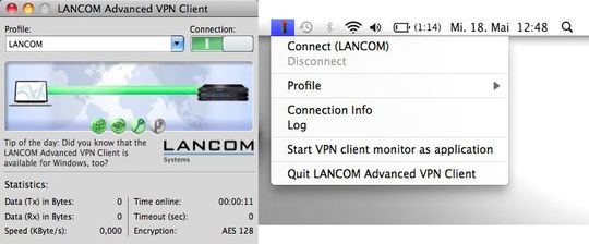 Über die Mac-OS-Menüleiste (rechts) können VPN-Tunnel ohne manuellen Programmstart aufgebaut werden. Über die Mac-OS-Menüleiste (rechts) können VPN-Tunnel ohne manuellen Programmstart aufgebaut werden.