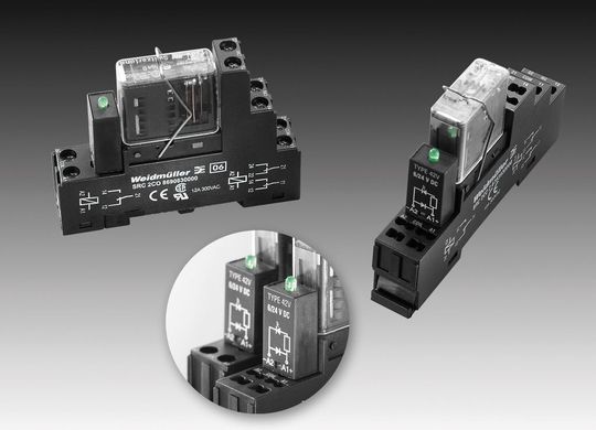 Koppelrelais Riderseries FG mit zwangsgeführten Kontakten zur Überwachung von Signalen in sicherheitsrelevanten Stromkreisen. Detail: Anzeige des Schaltzustandes durch eine gut sichtbare Leuchtdiode im Anzeigemodul, in welchem zusätzlich eine Freilaufdiode integriert ist Koppelrelais Riderseries FG mit zwangsgeführten Kontakten zur Überwachung von Signalen in sicherheitsrelevanten Stromkreisen. Detail: Anzeige des Schaltzustandes durch eine gut sichtbare Leuchtdiode im Anzeigemodul, in welchem zusätzlich eine Freilaufdiode integriert ist