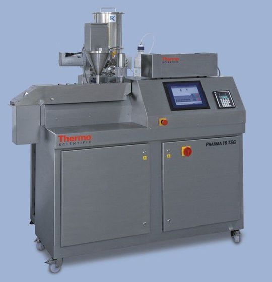 Twin-screw granulator Pharmalab 16 by ThermoFisher. The company recently announced to jointly develop a continous granulator/dryer together with Glatt using the companies proven continous drying technology. (Picture: ThermoFisher) Twin-screw granulator Pharmalab 16 by ThermoFisher. The company recently announced to jointly develop a continous granulator/dryer together with Glatt using the companies proven continous drying technology. (Picture: ThermoFisher)