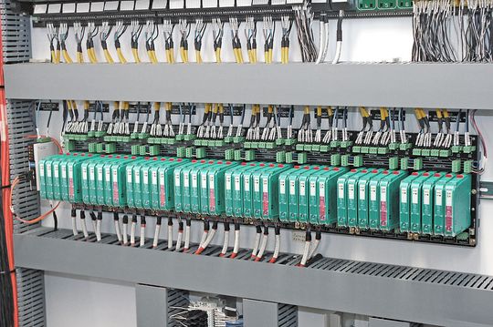 The control room cabinet: Each plug-in module powers and connects up to 32 field instruments to the DCS. (Picture: Pepperl+Fuchs) The control room cabinet: Each plug-in module powers and connects up to 32 field instruments to the DCS. (Picture: Pepperl+Fuchs)