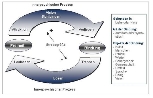 Die Grafik zeigt, wie der Prozess des Sich-Lösens verläuft und dass Menschen zumeist erst wieder eine neue Bindung eingehen können, wenn die alte „verdaut“ ist. (Bild: Verfasser)