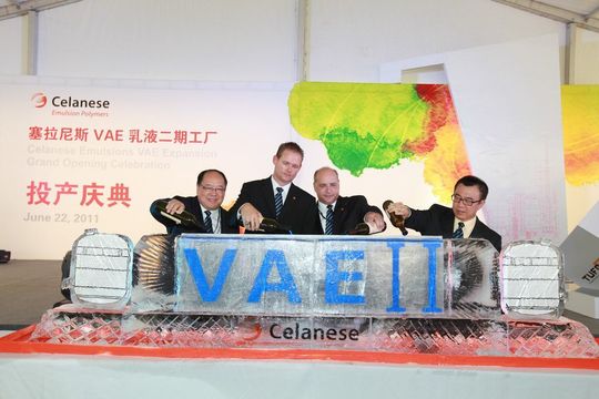 Ice sculpture is filled by Celanese management to commemorate the new VAE unit at Nanjing China. Pictured in photo: Josh Cheng, President Celanese China; Robert King, general manager, Celanese Nanjing integrated complex; Phillip McDivitt, general manager, Emulsion Polymers business; Kevin Wu, commercial director Emulsion Polymers Asia. (Picture: Celanese) Ice sculpture is filled by Celanese management to commemorate the new VAE unit at Nanjing China. Pictured in photo: Josh Cheng, President Celanese China; Robert King, general manager, Celanese Nanjing integrated complex; Phillip McDivitt, general manager, Emulsion Polymers business; Kevin Wu, commercial director Emulsion Polymers Asia. (Picture: Celanese)