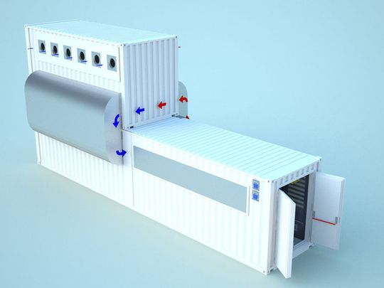 AST Modular packt eine zweite Ebene auf den Container und einen Wäremetauscher dazwischen. Bild: AST Modular AST Modular packt eine zweite Ebene auf den Container und einen Wäremetauscher dazwischen. Bild: AST Modular