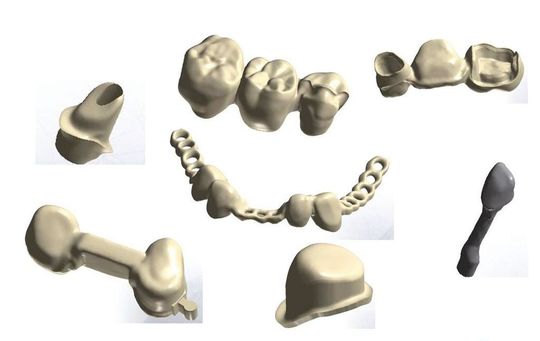 Beispiele für die zahntechnische Konstruk-tionsvielfalt: Kronen, Brücken, Teleskope, Implantat-Abutments, Stifte, Stege und Ringlochretentionen. (Bild: Flussfisch) Beispiele für die zahntechnische Konstruk-tionsvielfalt: Kronen, Brücken, Teleskope, Implantat-Abutments, Stifte, Stege und Ringlochretentionen. (Bild: Flussfisch)