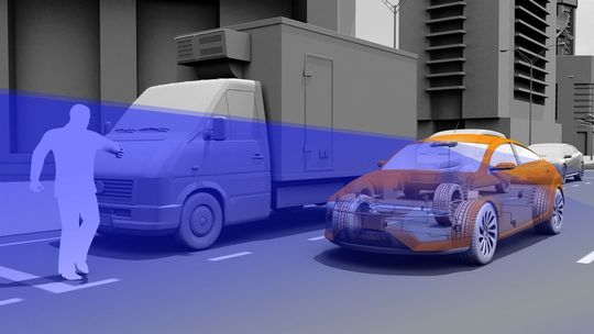 Die Stereokamera erkennt Fußgänger, die beispielsweise seitlich und halb verdeckt auf die Straße treten zuverlässig und kann im Notfall eine Bremsung einleiten. (Bild: Continental) Die Stereokamera erkennt Fußgänger, die beispielsweise seitlich und halb verdeckt auf die Straße treten zuverlässig und kann im Notfall eine Bremsung einleiten. (Bild: Continental)