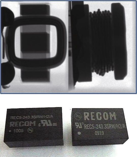 Aufgedeckt: Das Röntgenmikroskop enttarnt den gefälschten DC/DC-Wandler REC5 (rechts)