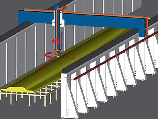 Direktabsaugung: Über eine in allen fünf Maschinenachsen bewegliche Gelenkkonstruktion werden Staub und Späne direkt am Werkzeug erfasst (CAD-Simulation). Die Direktabsaugung am Werkzeug ist die optimale Lösung bei der Bearbeitung flächiger Bauteile aus Faserverbundwerkstoffen. (Bild: Erbo)