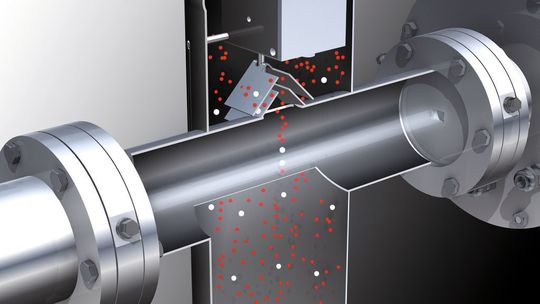 Das Produktführungsdach schleust die zur Messung nötige Produktmenge kontinuierlich ins optische System des Partikelmessgeräts. (Bild: J. Engelsmann) Das Produktführungsdach schleust die zur Messung nötige Produktmenge kontinuierlich ins optische System des Partikelmessgeräts. (Bild: J. Engelsmann)