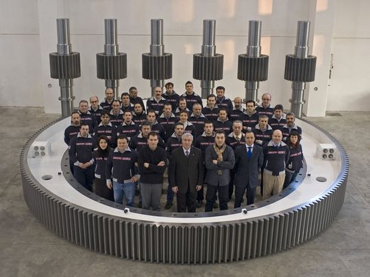 Die Darimec-Belegschaft in einem Zahnkranz von 6,5 m Durchmesser. Produkte und Know-how von Darimec ergänzen das Portfolio von FLSmidth MAAG Gear AG perfekt. (Bild: Darimec) Die Darimec-Belegschaft in einem Zahnkranz von 6,5 m Durchmesser. Produkte und Know-how von Darimec ergänzen das Portfolio von FLSmidth MAAG Gear AG perfekt. (Bild: Darimec)