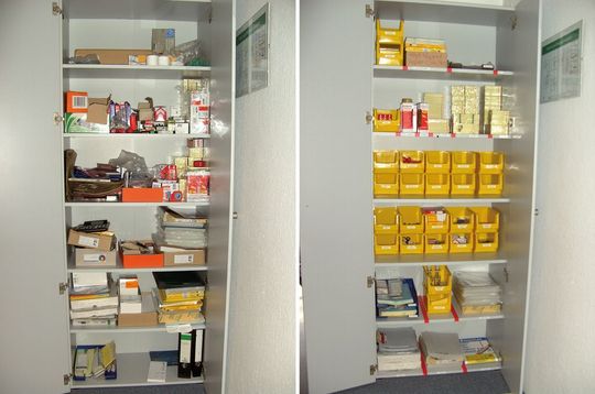 Die praktische Seite der Operational Excellence-Initiative wird gerne als Banalität abgehakt. Aber das Vorher-Nachher-Foto macht deutlich: Ein aufgeräumter, übersichtlicher Schrank spart Arbeitszeit, die Mitarbeiter sonst mit Suchen vergeuden. (Bilder: Rottendorf Pharma)