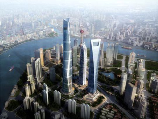Graphik des zukünftigen Stadtbilds mit dem Shanghai Tower. (Bild: Mitsubishi Electric)