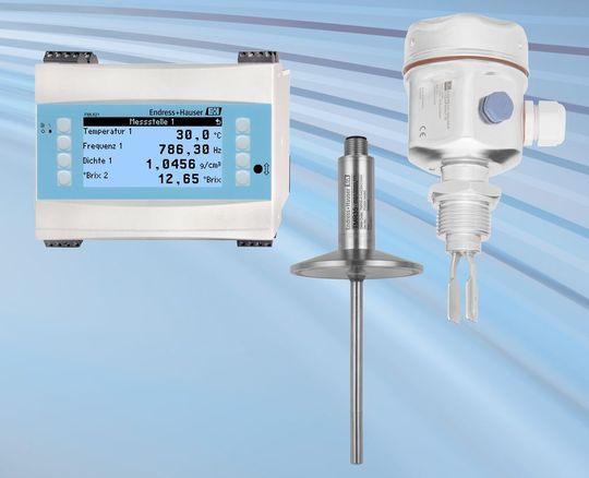 Der Dichterechner FML621, Temperatursensor Easytemp TMR35 und Liquiphant M Dichte (Bild:E+H)