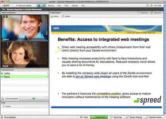 Zarafa bietet für seine Collaboration Platform ein Plugin für Web-Meetings und Videokonferenzen - bis zu drei User kostenlos. Zarafa bietet für seine Collaboration Platform ein Plugin für Web-Meetings und Videokonferenzen - bis zu drei User kostenlos.