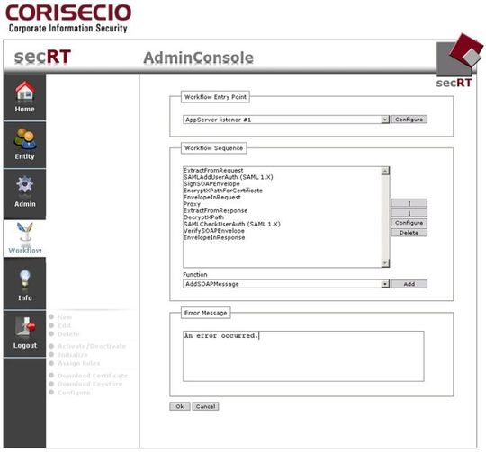 Das Corisecio Open SOA Security Gateway (SSF) 1.2 wurde zusammen mit dem BSI auf Basis von secRT entwickelt und hilft beim automatisierten Schutz von Web Services. Das Corisecio Open SOA Security Gateway (SSF) 1.2 wurde zusammen mit dem BSI auf Basis von secRT entwickelt und hilft beim automatisierten Schutz von Web Services.