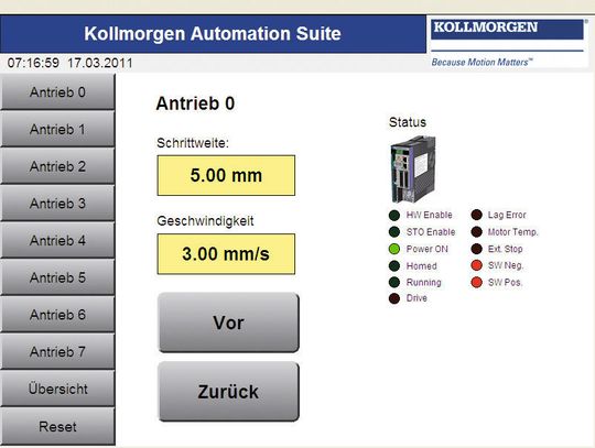 Die Antriebe werden über die intuitiv zu bedienende grafische Benutzeroberfläche der Kollmorgen Automation Suite bedient. (Bild: Kollmorgen Europe) Die Antriebe werden über die intuitiv zu bedienende grafische Benutzeroberfläche der Kollmorgen Automation Suite bedient. (Bild: Kollmorgen Europe)