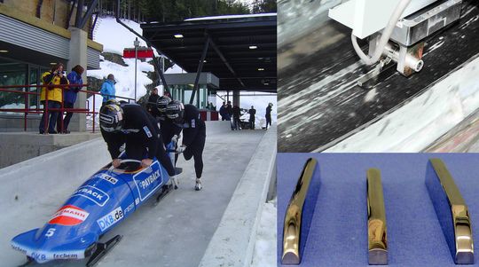 Die Reibungswerte von Kufen lassen sich nun genau bestimmen: rechts oben der Messaufbau mit Kufe und Sensor im Eiskanal, rechts unten die verschiedenen Kufentypen: Bob, Skeleton und Rodel (v.l.n.r.). (Bild: Fraunhofer IWM) Die Reibungswerte von Kufen lassen sich nun genau bestimmen: rechts oben der Messaufbau mit Kufe und Sensor im Eiskanal, rechts unten die verschiedenen Kufentypen: Bob, Skeleton und Rodel (v.l.n.r.). (Bild: Fraunhofer IWM)