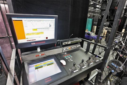 Kundenspezifische Beckhoff Control Panel am Hauptbedienpult. Das 24-Zoll-Display gibt dem Bühnentechniker, ohne Scrollen auf dem Bildschirm, einen Überblick über die gesamte Anlage. Kundenspezifische Beckhoff Control Panel am Hauptbedienpult. Das 24-Zoll-Display gibt dem Bühnentechniker, ohne Scrollen auf dem Bildschirm, einen Überblick über die gesamte Anlage.