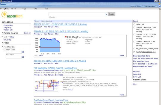 Mit der Suchmaschine Aspen Search finden Mitarbeiter schnell und einfach Prozess- und Anlagendaten. (Bild: Aspen Technology) Mit der Suchmaschine Aspen Search finden Mitarbeiter schnell und einfach Prozess- und Anlagendaten. (Bild: Aspen Technology)