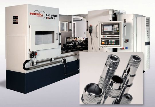 Mit der Profiroll-Verzahnungswalzanlage Rollex L lassen sich gewalzte Verzahnungen auf Hohlteilen herstellen (im Bild rechts unten). (Bild: Profiroll Technologies) Mit der Profiroll-Verzahnungswalzanlage Rollex L lassen sich gewalzte Verzahnungen auf Hohlteilen herstellen (im Bild rechts unten). (Bild: Profiroll Technologies)