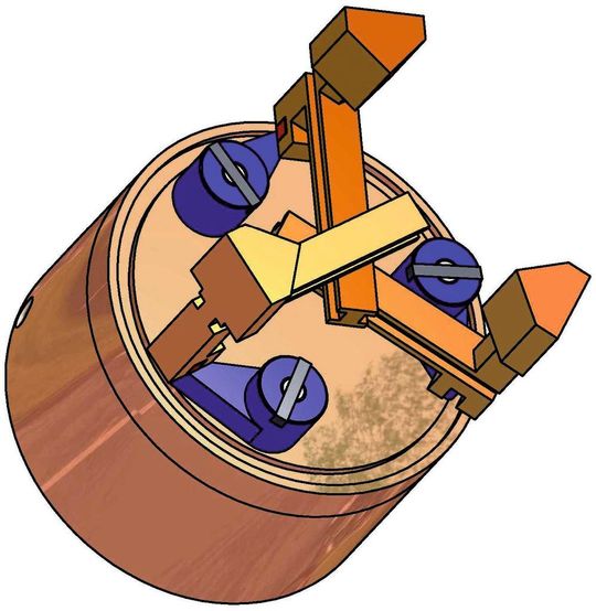 Bild 7: Der Greifer ist nach dem Schwenkhebelprinzip konzipiert. Danach wird ein Hebel mithilfe eines Kulissensteins geschwenkt, wodurch sich die Spannbacken verschieben.