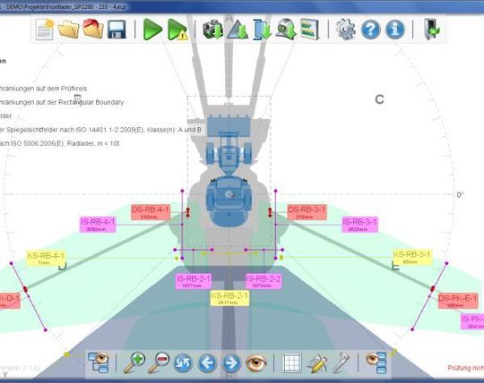 Die neue Version von EMM-Check ermöglicht nun auch die Sichtfeldanalyse von selbstfahrenden Arbeitsmaschinen und die Berechnung von Kamerasichtfeldern. (Bild: ReKnow)