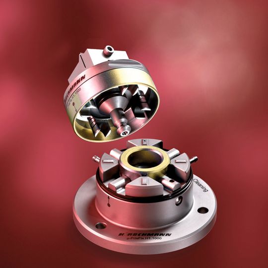 Hirschmann bietet mit dem µ-Prisfix ein Spannsystem für eine reproduzierbare Fertigung hochpräziser Kleinteile. Der Hersteller garantiert eine mittlere Wechselgenauigkeit von unter 1 µm. (Bild: Hirschmann)