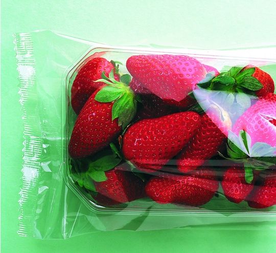 Die kristallklare Bioverpackung lässt Erdbeeren frisch aussehen und hält sie zudem länger frisch. Bild: Treofan Die kristallklare Bioverpackung lässt Erdbeeren frisch aussehen und hält sie zudem länger frisch. Bild: Treofan