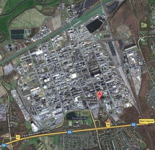 Satellitenaufnahme des Chemieparks Marl: Im Chemiepark Marl hat sich am heutigen Samstag eine schwere Explosion ereignet, bei der zwei Menschen verletzt wurden.