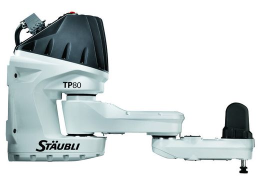 Mit weit über 200 Picks pro Minute bei Handhabungsgewichten bis 0,1 kg ist der Pick & Place-Roboter TP 80 von Stäubli einer der schnellsten seiner Zunft. (Bild: Stäubli) Mit weit über 200 Picks pro Minute bei Handhabungsgewichten bis 0,1 kg ist der Pick & Place-Roboter TP 80 von Stäubli einer der schnellsten seiner Zunft. (Bild: Stäubli)