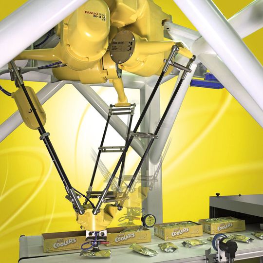 Die Gestänge des Deltaroboters M3iA von Fanuc sind aus CFK. Leichtere Roboter erreichen höhere Geschwindigkeiten bei kleinerem Energieverbrauch. (Bild: Fanuc) Die Gestänge des Deltaroboters M3iA von Fanuc sind aus CFK. Leichtere Roboter erreichen höhere Geschwindigkeiten bei kleinerem Energieverbrauch. (Bild: Fanuc)