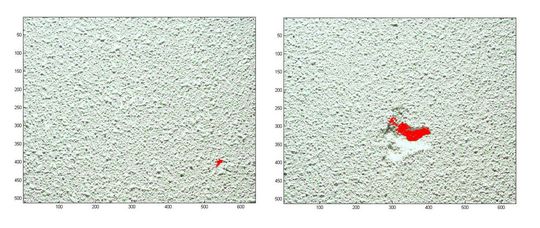 Detektion einer kleinen Strukturabweichung (links) und einer Eindrückung (rechts). Detektion einer kleinen Strukturabweichung (links) und einer Eindrückung (rechts).