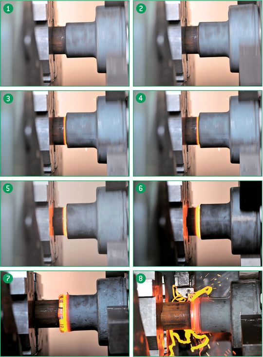 Rotationsreibschweissen Schritt für Schritt bis zum Abdrehen der charakteristischen Materialwulst. Rotationsreibschweissen Schritt für Schritt bis zum Abdrehen der charakteristischen Materialwulst.