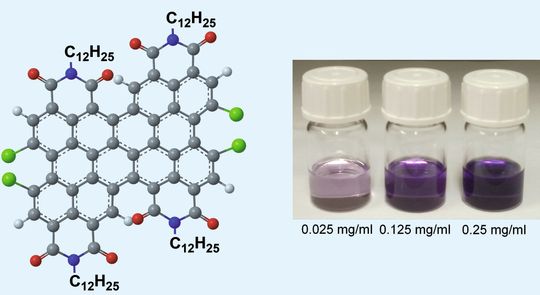 Abb. 1: Molekülstruktur von DiPBI (links) und in unterschiedlicher Konzentration in Chloroform gelöstes DiPBI (rechts) Abb. 1: Molekülstruktur von DiPBI (links) und in unterschiedlicher Konzentration in Chloroform gelöstes DiPBI (rechts)