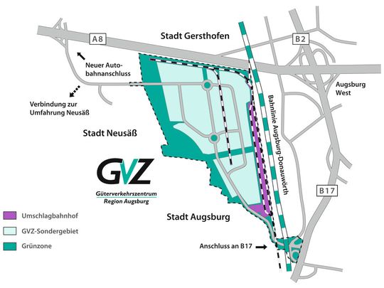 Lageplan: Die lila eingezeichnete Fläche markiert den neuen Umschlagbahnhof im GVZ Region Augsburg. Lageplan: Die lila eingezeichnete Fläche markiert den neuen Umschlagbahnhof im GVZ Region Augsburg.