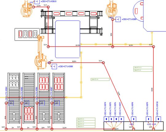 2D-Layout eines Produktionsbereichs mit Streckennetz und Auswertungen zur Feldverkabelung. 2D-Layout eines Produktionsbereichs mit Streckennetz und Auswertungen zur Feldverkabelung.