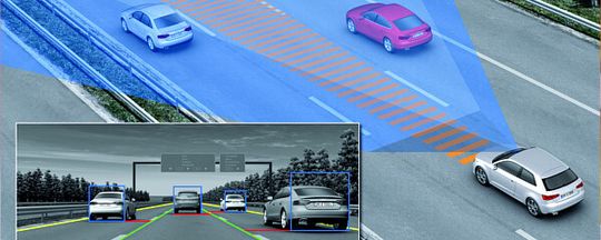 Zahlreiche Assistenzsysteme unterstützen den Fahrer im A3 beim Spurhalten, Spurwechseln, Abstandhalten und Bremsen in Gefahrensituationen. Dazu erfasst eine Kamera am Innenspiegel die Fahrspur und andere Verkehrsteilnehmer.