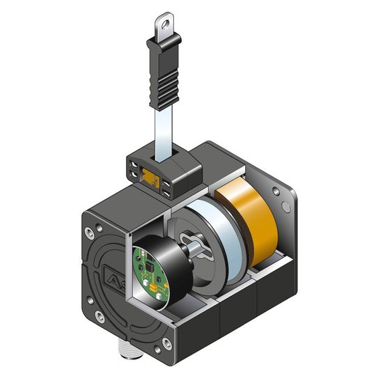 Das Messband der Positape-Wegbandsensoren von ASM wird in mehreren Lagen übereinander auf eine Trommel (Mitte) gewickelt. Der Multiturn-Encoder links der Trommel erfasst die die Zahl der zurückgelegten Winkelelemente und gibt diese an die Auswerteelektronik weiter.