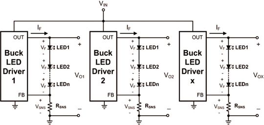 Bild 5: Ein Aufwärtswandler pro LED-Strang. Vo ist in jedem Strang kleiner Vin