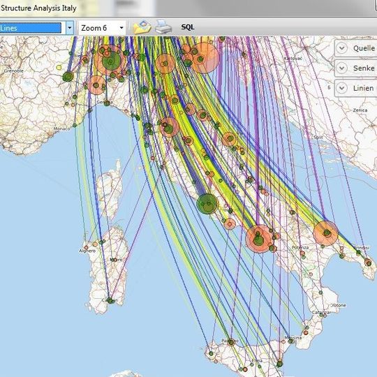 Auf der Landkarte der Frachtkosten-Simulationssoftware Scala ist die Distribution in Italien nach Dienstleister und Serviceart zu erkennen. Auf der Landkarte der Frachtkosten-Simulationssoftware Scala ist die Distribution in Italien nach Dienstleister und Serviceart zu erkennen.