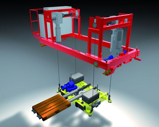 Das Lagerbediengerät Transfaster, eine Alternativlösung zu Regalbediengeräten und Schmalgangstaplern, besteht aus einer Verfahreinheit und einer an vier Stahlseilen befestigten, vertikal beweglichen Hubplattform. Bild: Transstore Das Lagerbediengerät Transfaster, eine Alternativlösung zu Regalbediengeräten und Schmalgangstaplern, besteht aus einer Verfahreinheit und einer an vier Stahlseilen befestigten, vertikal beweglichen Hubplattform. Bild: Transstore